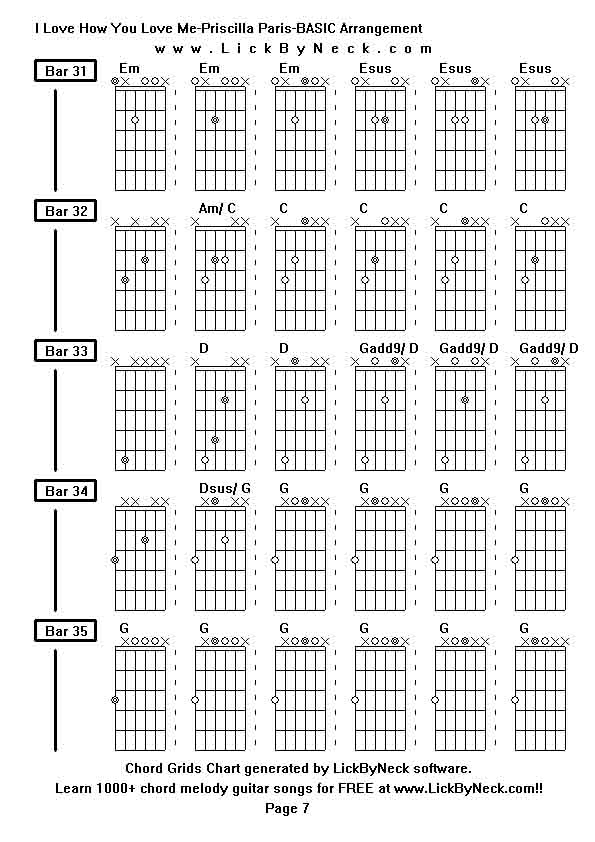 Chord Grids Chart of chord melody fingerstyle guitar song-I Love How You Love Me-Priscilla Paris-BASIC Arrangement,generated by LickByNeck software.